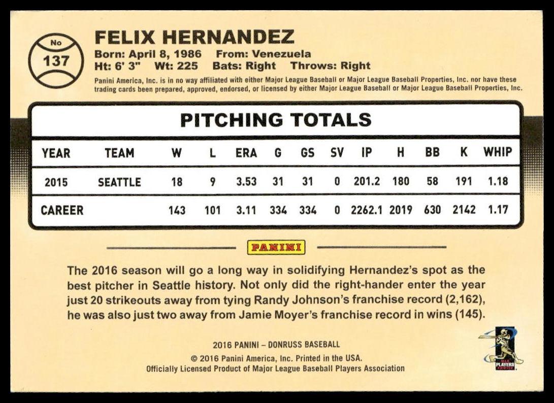 Felix Hernandez #137 2016 Donruss Seattle Mariners