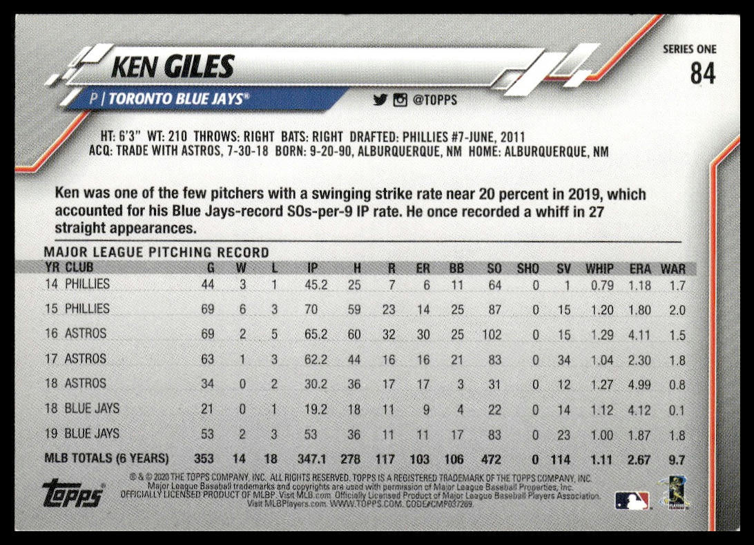 Ken Giles #84 2020 Topps Toronto Blue Jays