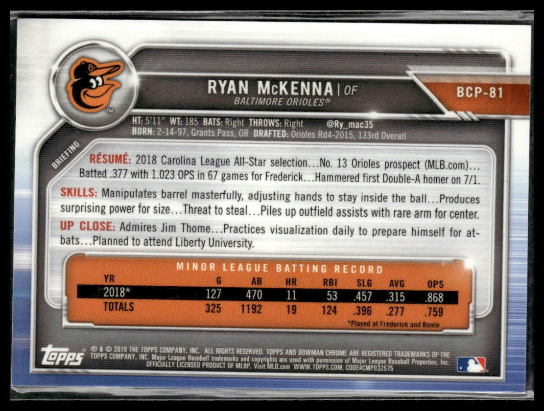 Ryan McKenna #BP-81 Prospects Blue 2019 Bowman #/150 Baltimore Orioles