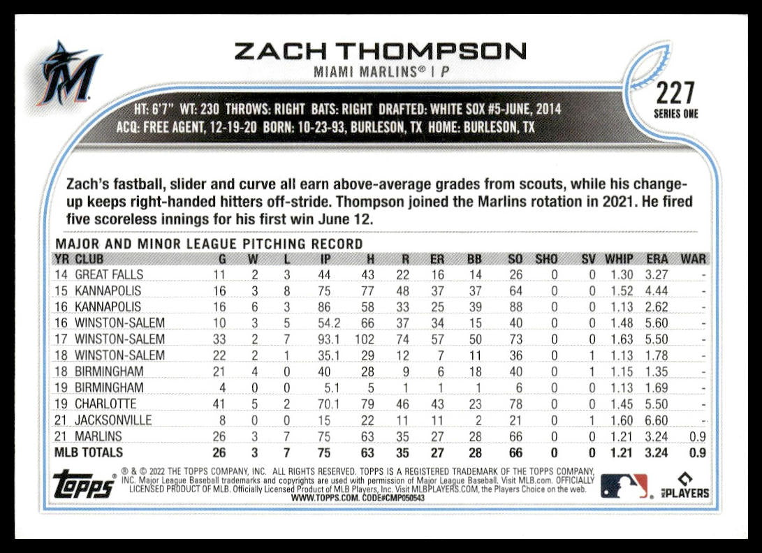Zach Thompson #227 2022 Topps Miami Marlins RC
