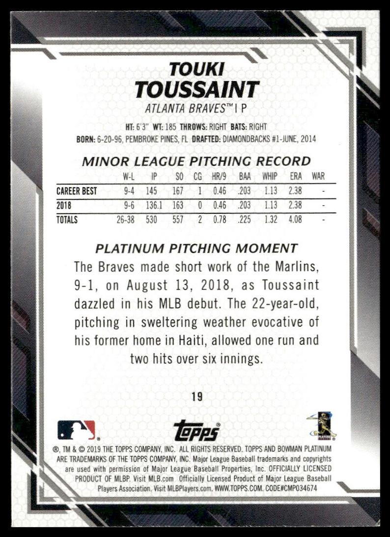 Touki Toussaint #19 2019 Bowman Platinum Atlanta Braves RC