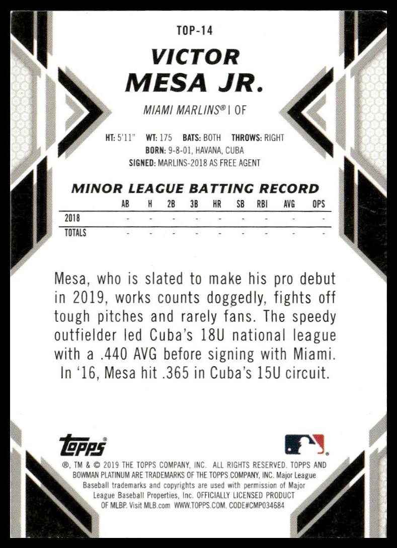 Victor Mesa Jr. #TOP-14 Top Prospects 2019 Bowman Platinum Miami Marlins