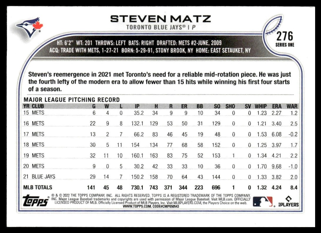 Steven Matz #276 2022 Topps Toronto Blue Jays