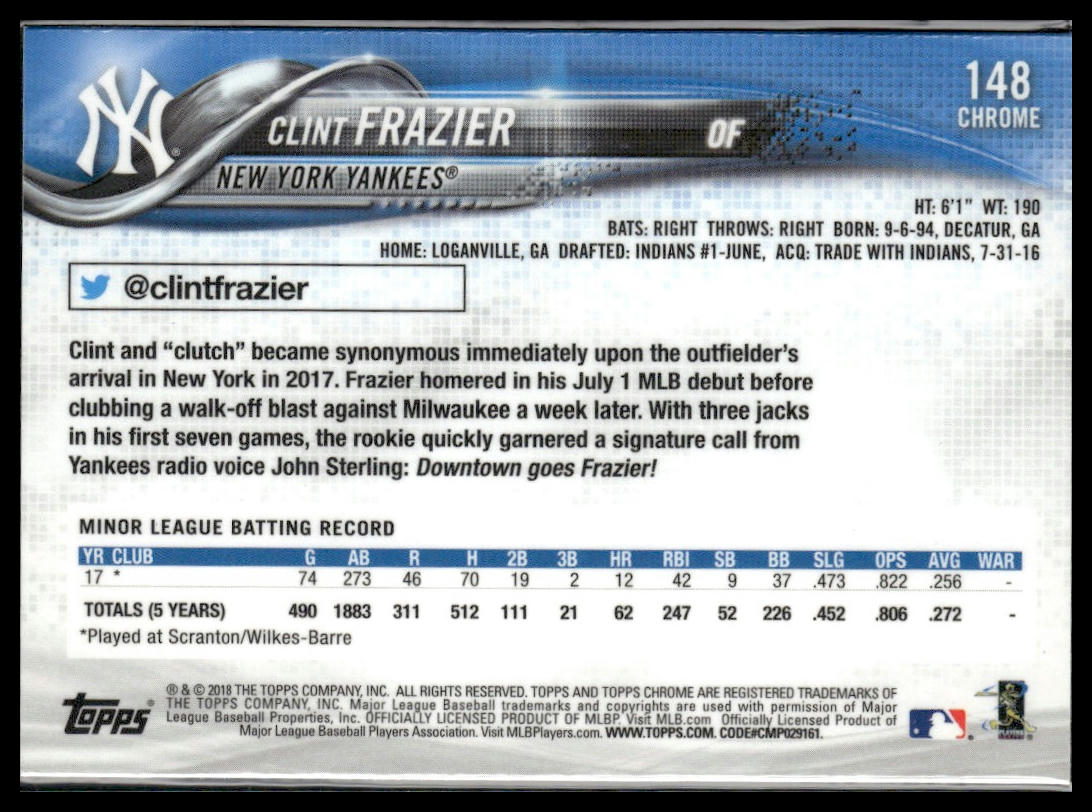 Clint Frazier #148 2018 Topps Chrome New York Yankees RC
