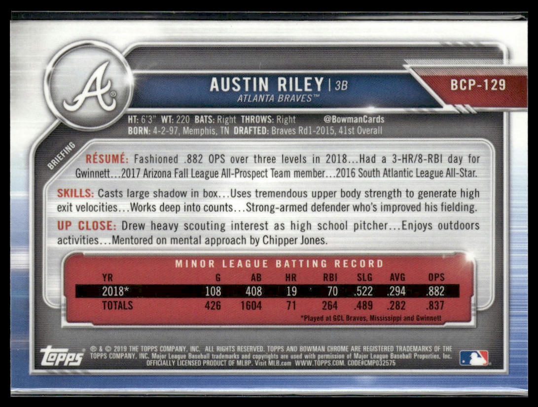 Austin Riley #BCP-129 Chrome Prospects 2019 Bowman Atlanta Braves