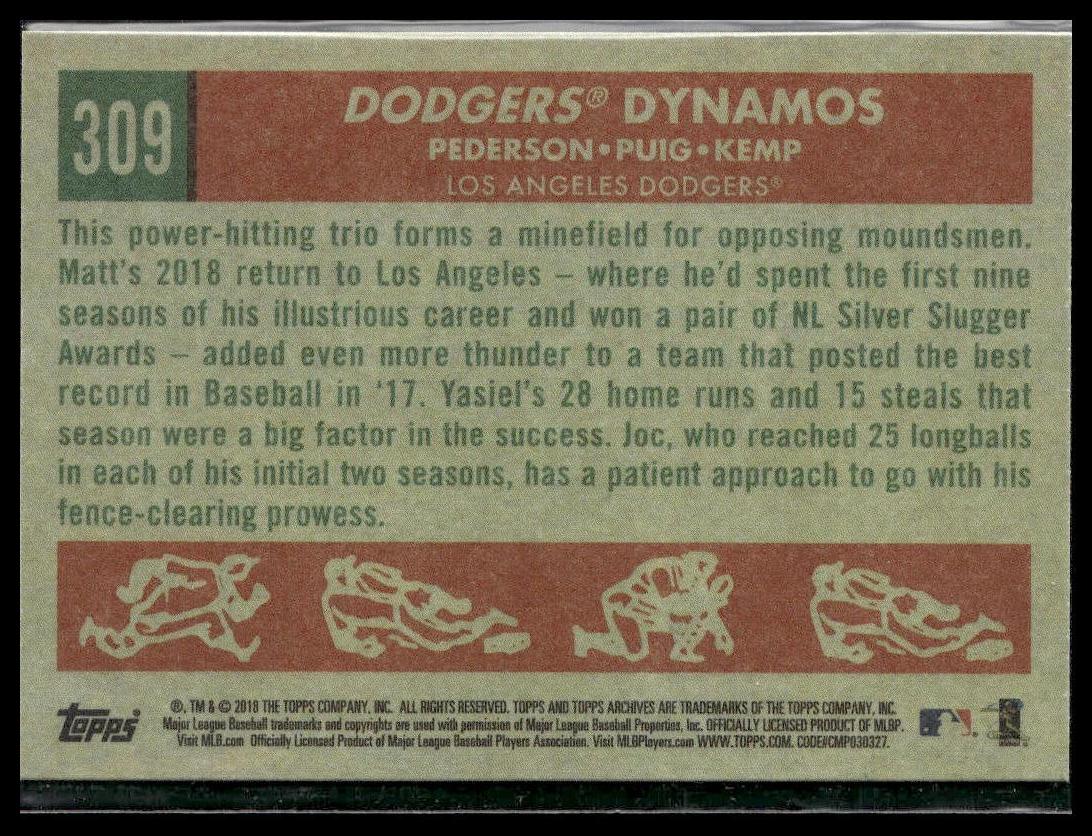 Dodgers Dynamos ( Pederson / Kemp / Puig) #309 2018 Topps Archives Dodgers