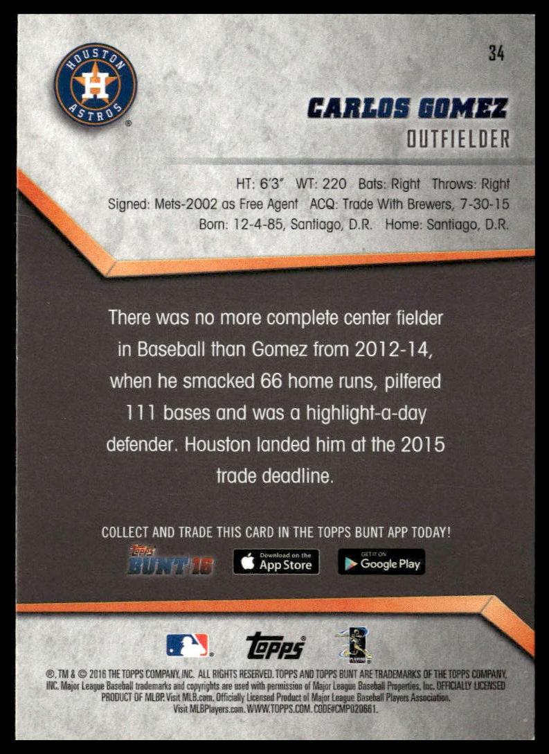 Carlos Gomez #34 2016 Topps Bunt Houston Astros