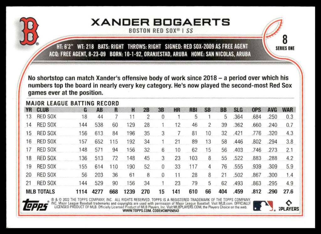 Xander Bogaerts #8 2022 Topps Boston Red Sox