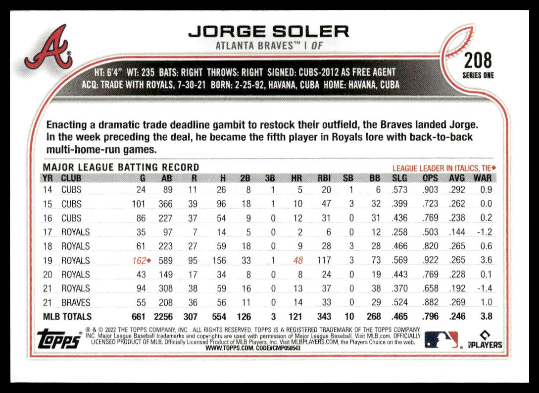 Jorge Soler  #208 All-Star Game Stamped 2022 Topps Atlanta Braves