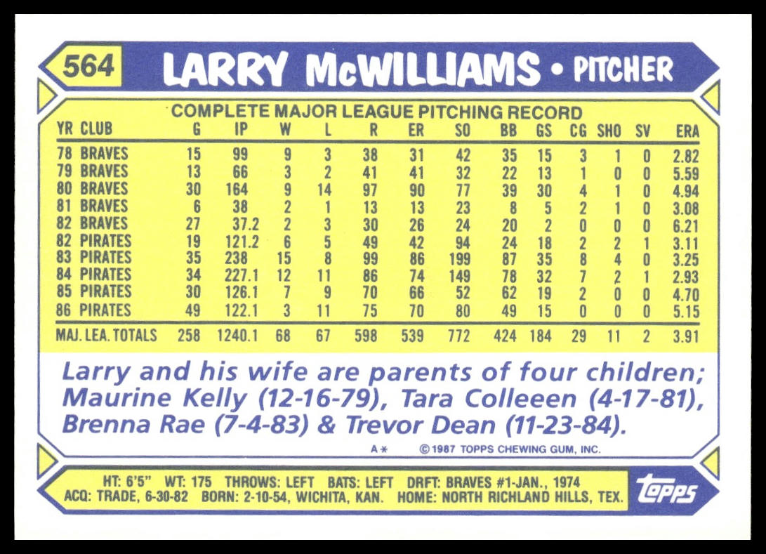 Larry McWilliams #564 Collector's Edition (Tiffany) 1987 Topps Pirates
