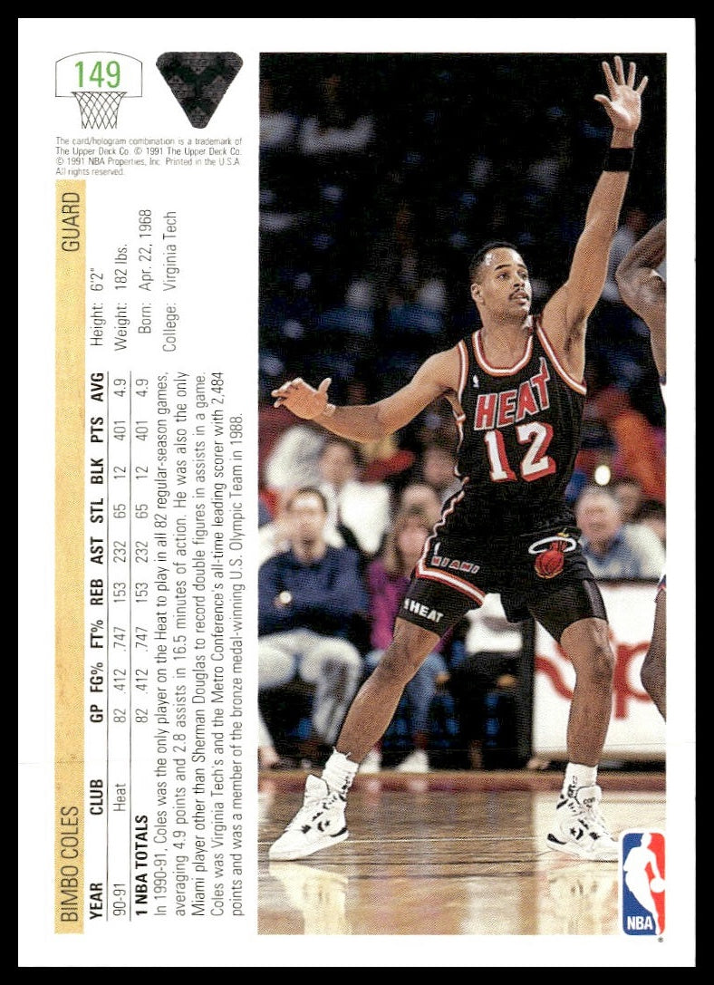 Bimbo Coles #149 1991-92 Upper Deck Miami Heat RC