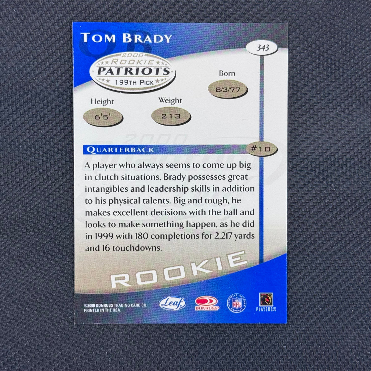 Tom Brady #343 2000 Quantum Leaf New England Patriots RC