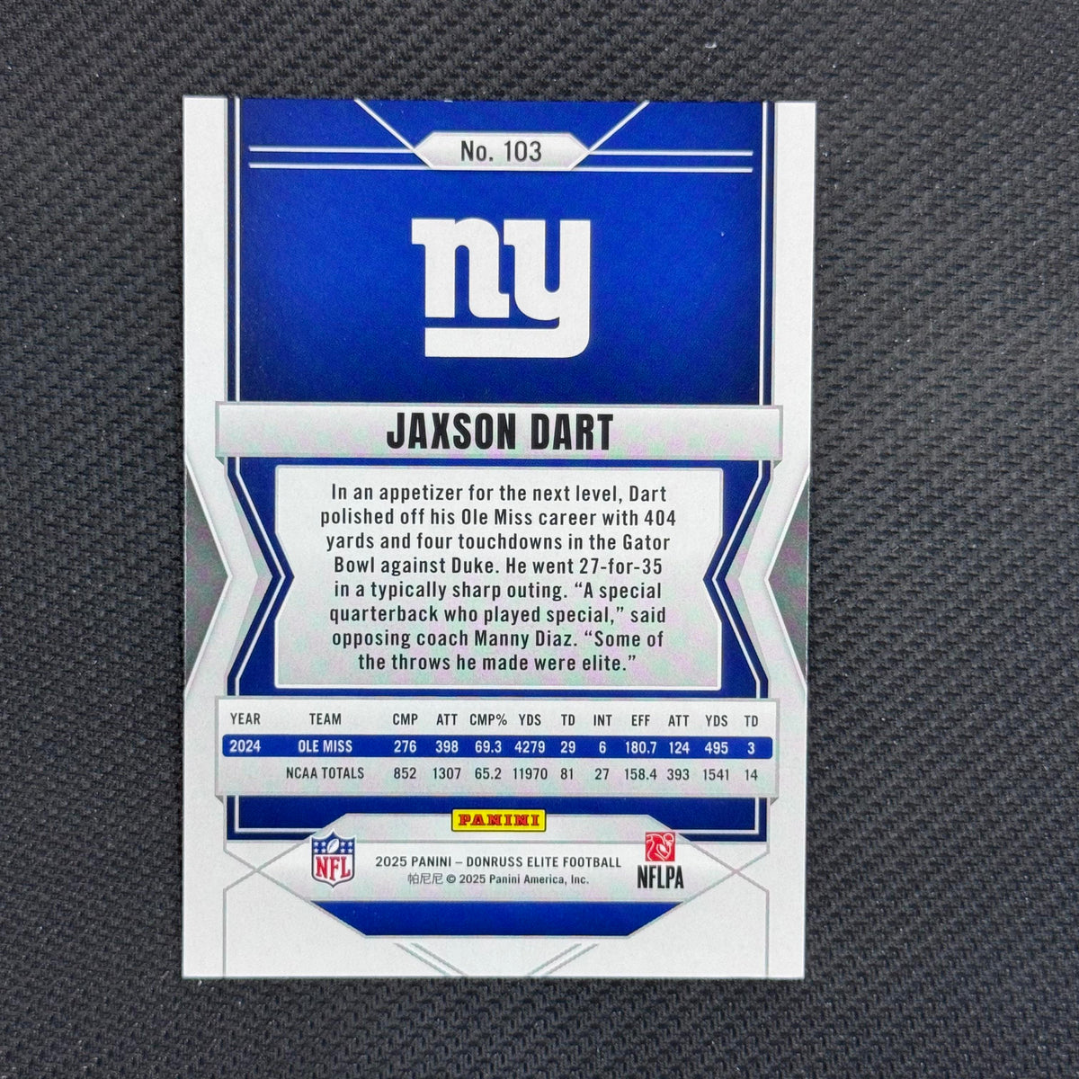 Jaxson Dart #103 Status Metallic Orange 2025 Donruss Elite #/849 Giants SP
