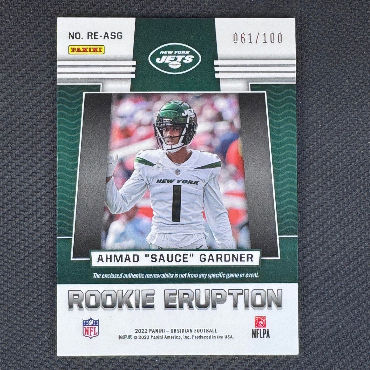 Ahmad "Sauce" Gardner #RE-ASG Rookie Eruption 2022 Panini Obsidian #/100 Jets