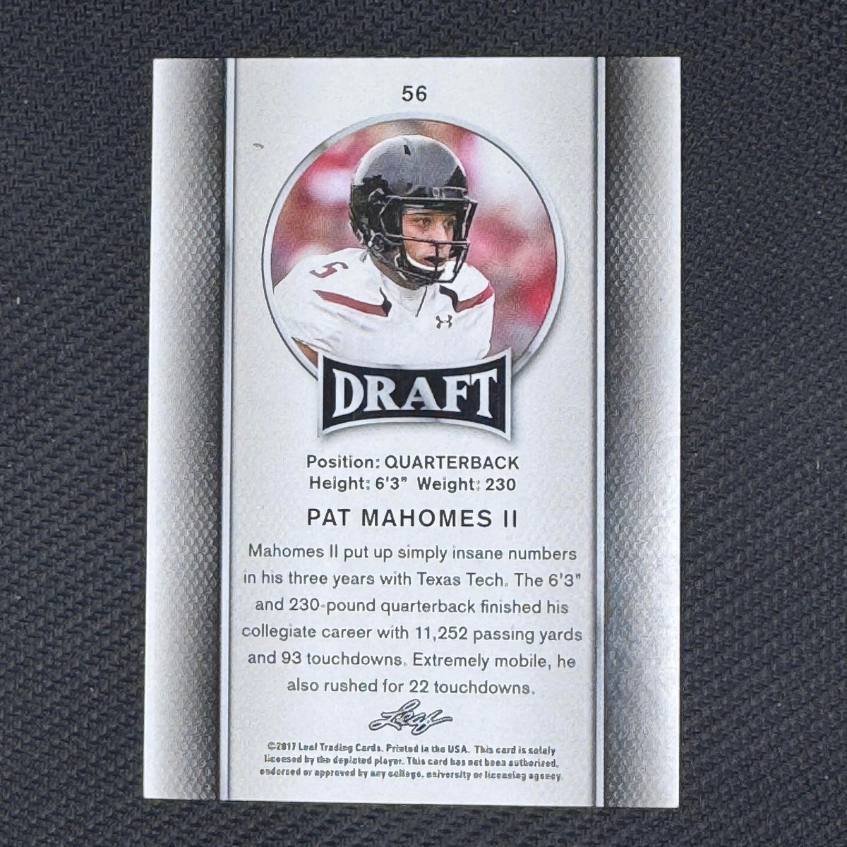 Pat Mahomes II #56 2017 Leaf Draft Texas Tech Red Raiders