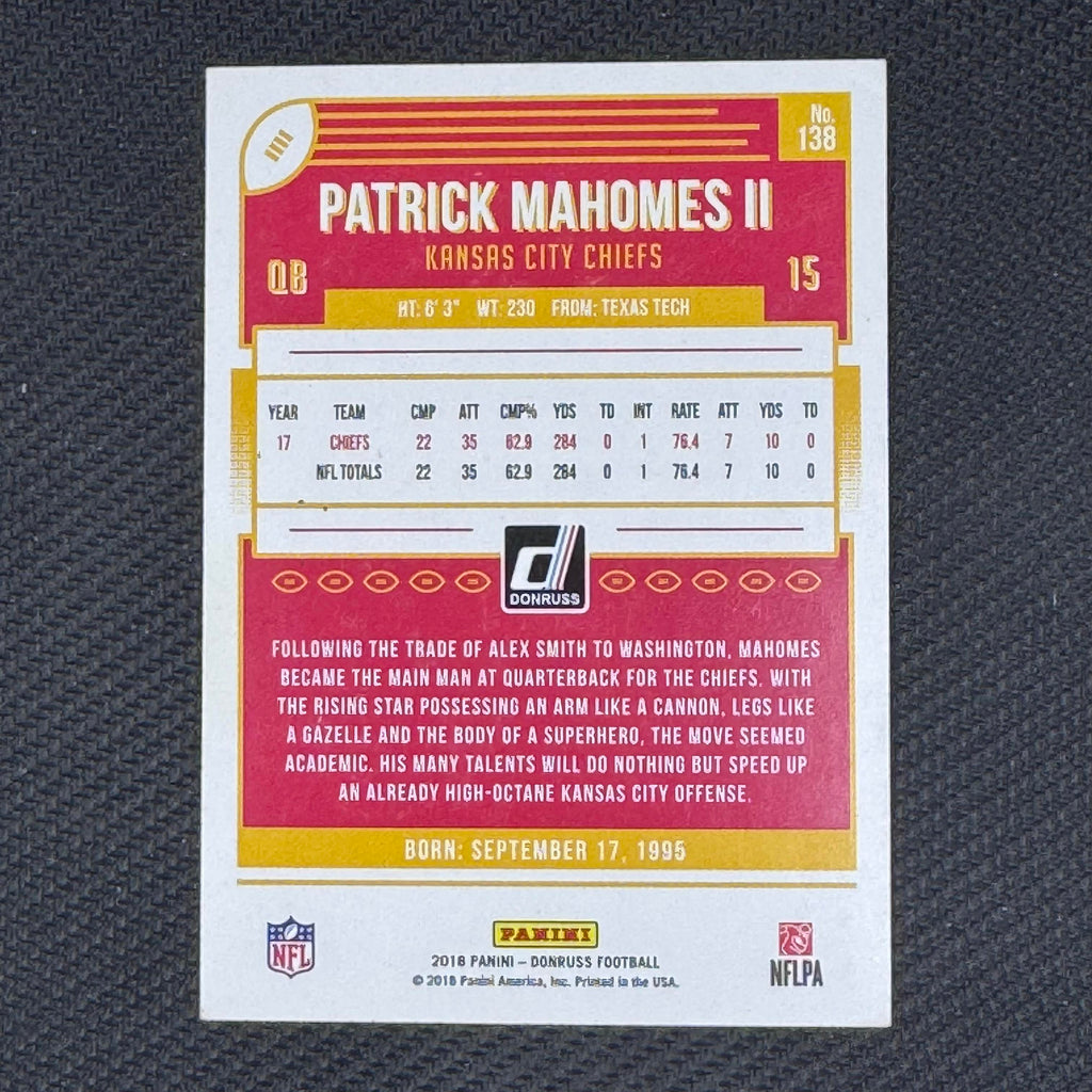 Patrick Mahomes II #138 Press Proof Blue 2018 Donruss Kansas City Chiefs