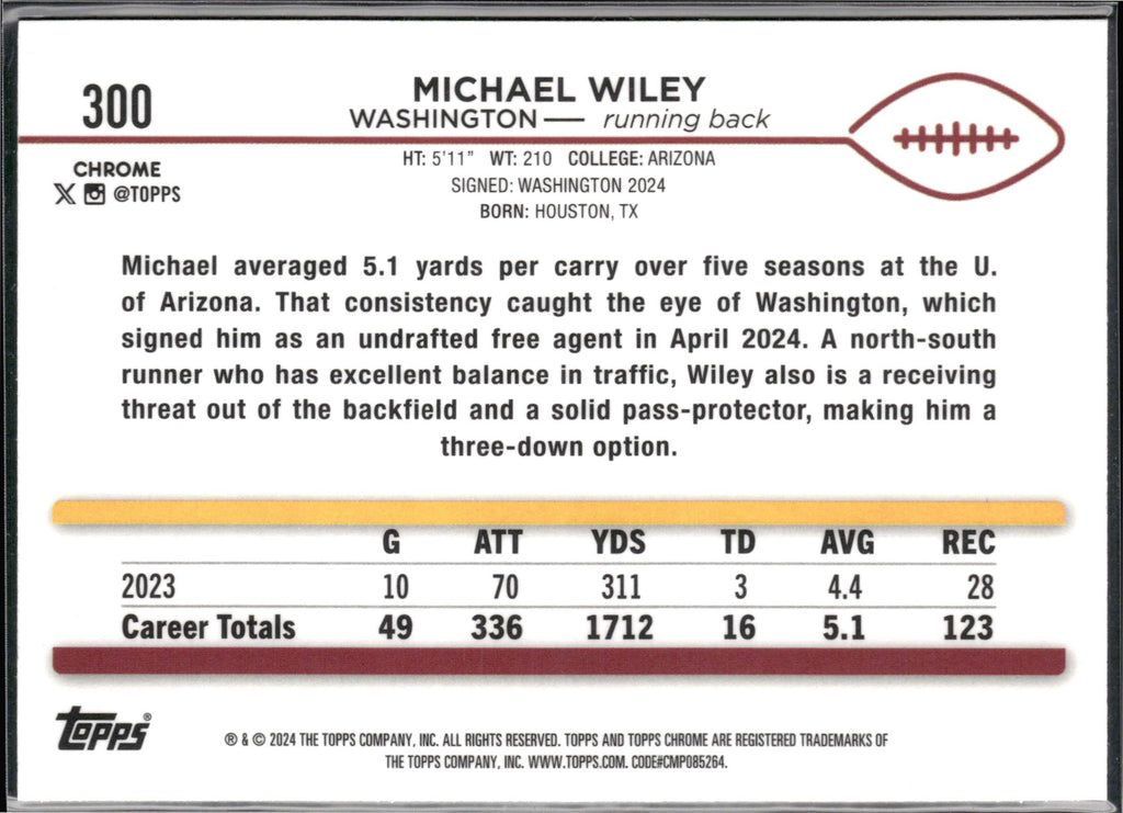 Michael Wiley #300 2024 Topps Chrome Washington Commanders RC