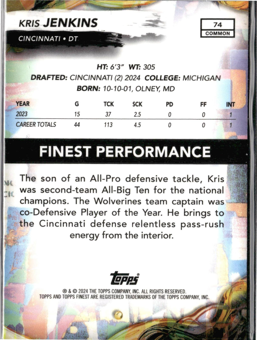 Kris Jenkins #74 2024 Finest Cincinnati Bengals RC
