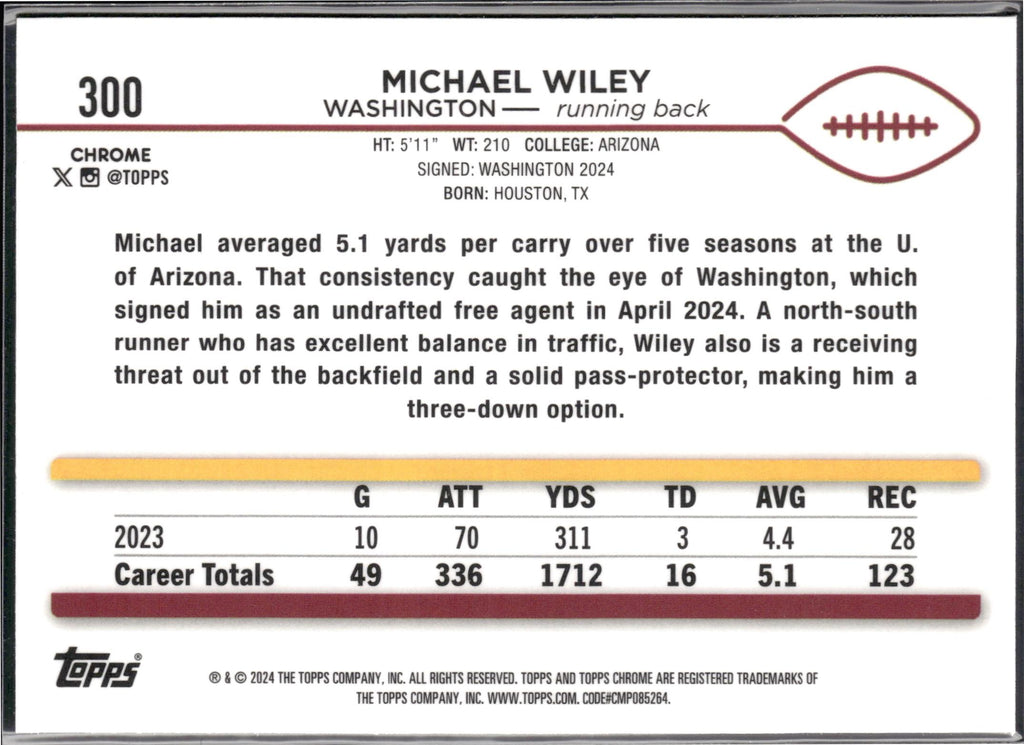 Michael Wiley #300 2024 Topps Chrome Washington Commanders RC