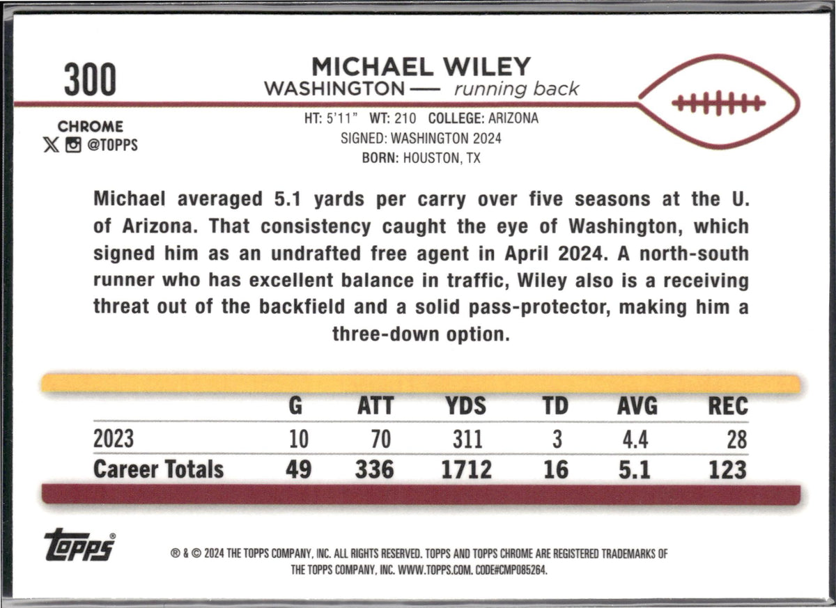 Michael Wiley #300 2024 Topps Chrome Washington Commanders RC