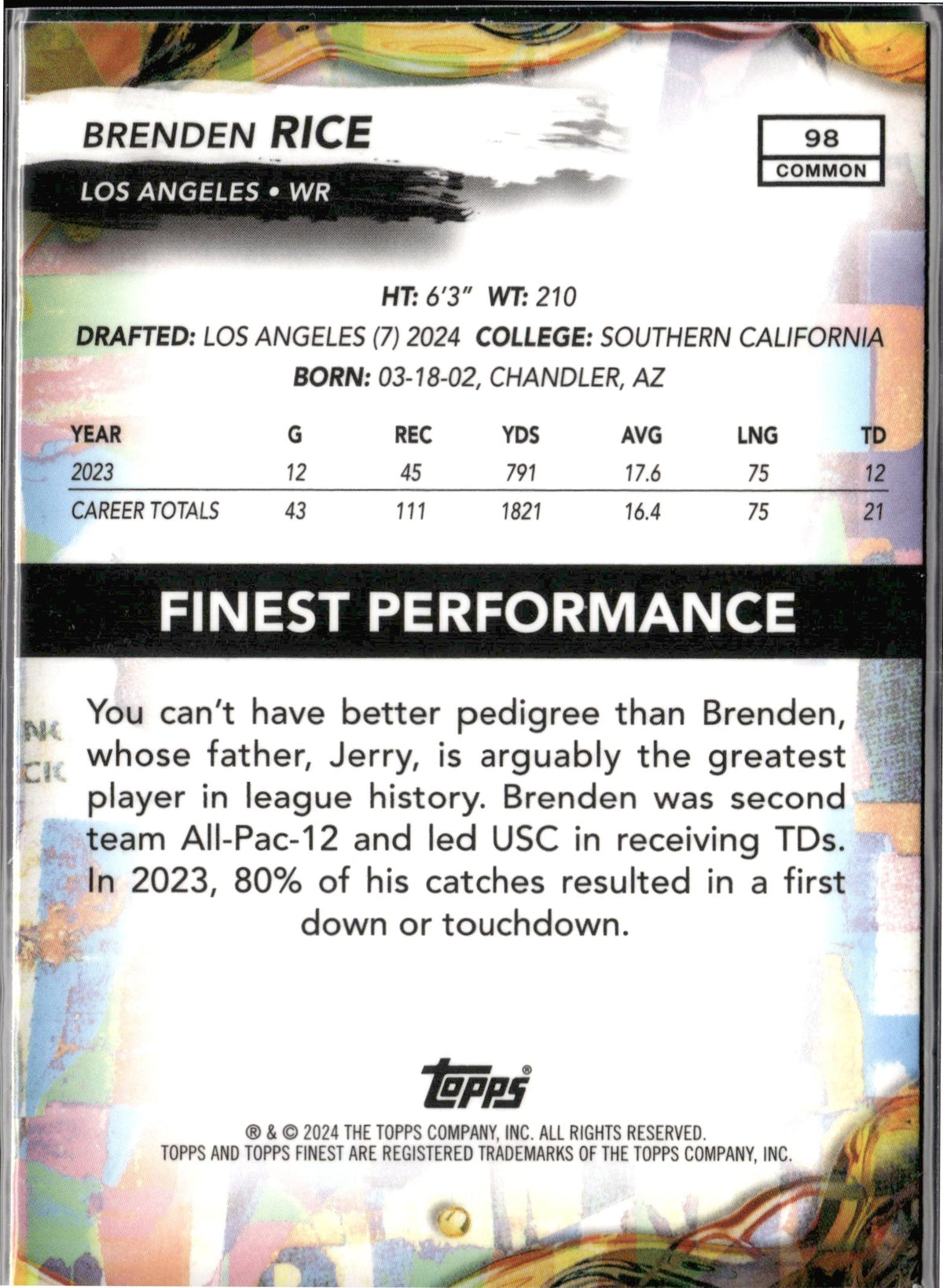 Brenden Rice #98 2024 Finest Los Angeles Chargers RC