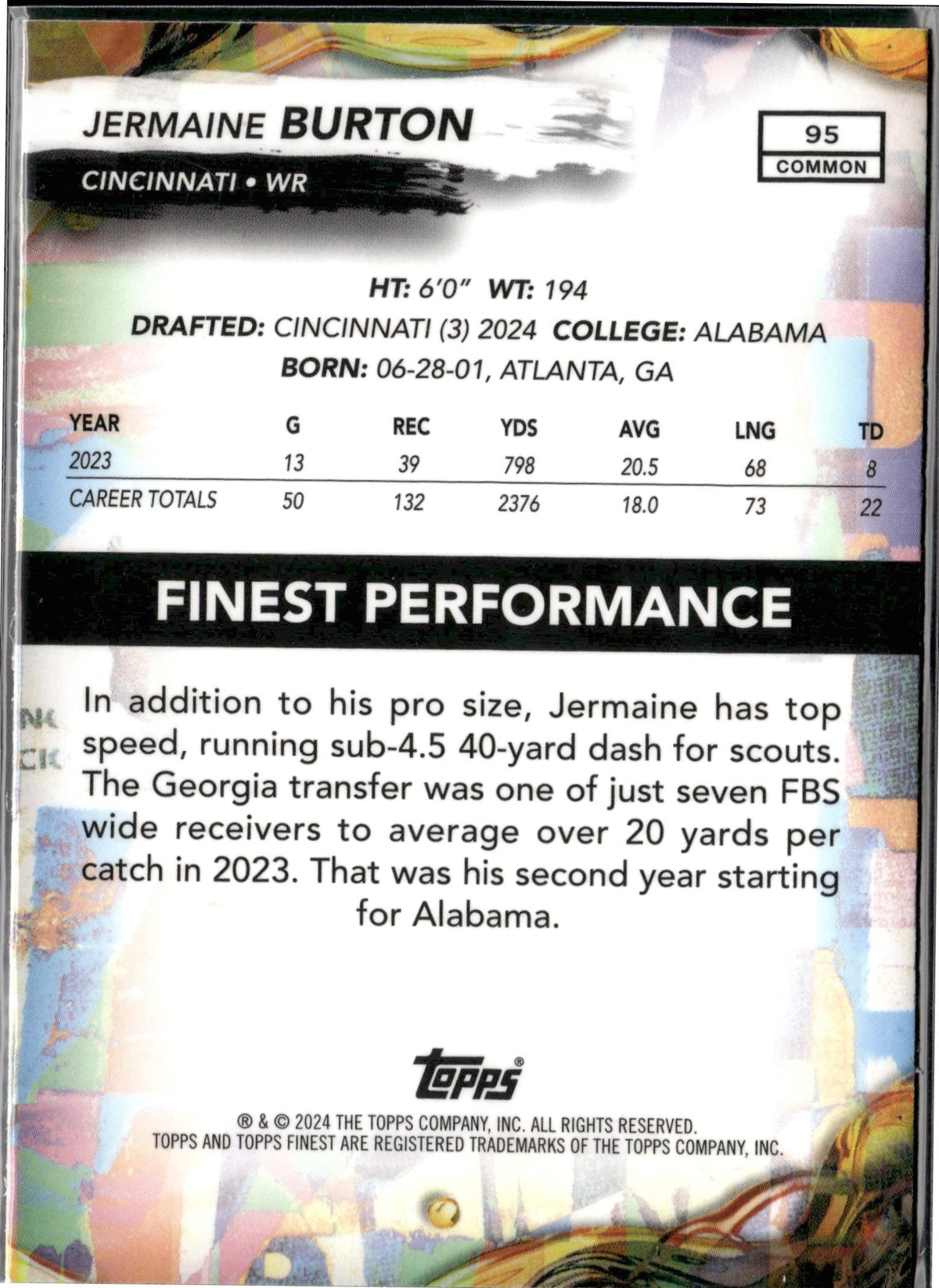 Jermaine Burton #95 Checkerboard Refractor 2024 Finest Cincinnati Bengals RC