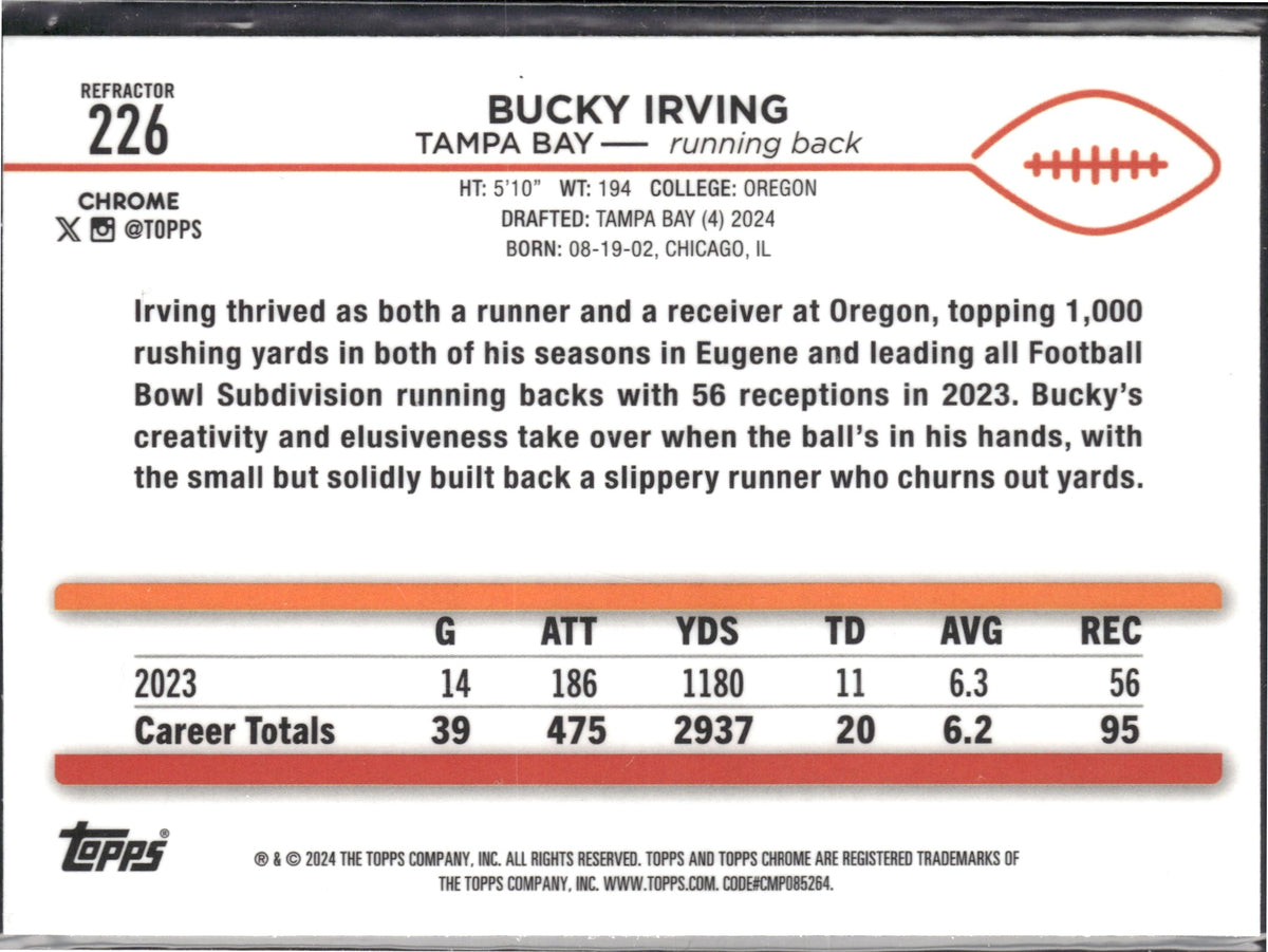 Bucky Irving #226 Refractor 2024 Topps Chrome Tampa Bay Buccaneers RC