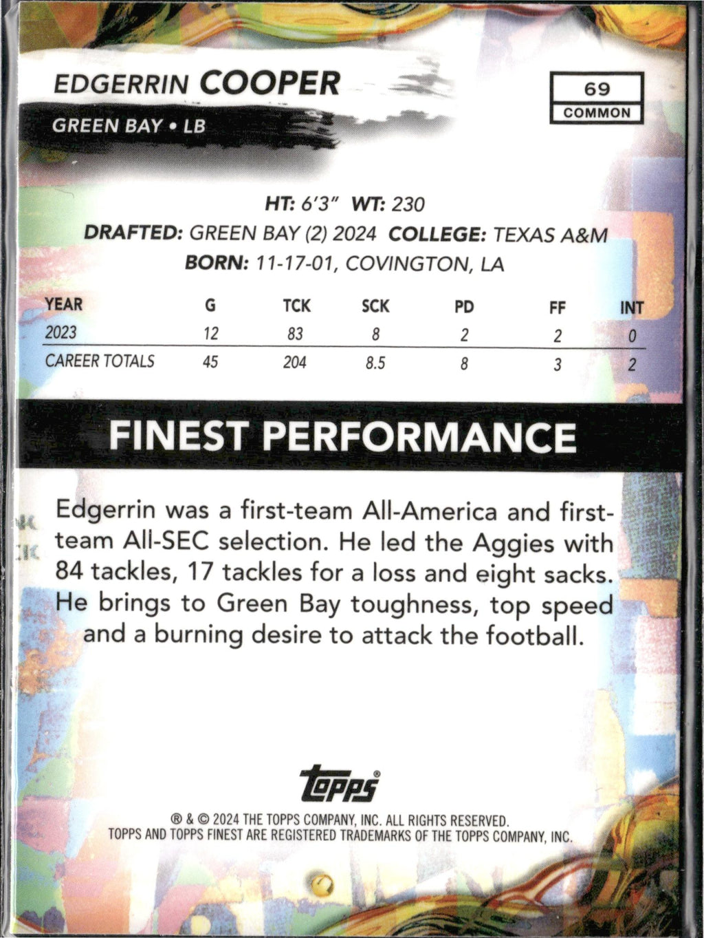 Edgerrin Cooper #69 2024 Finest Green Bay Packers RC