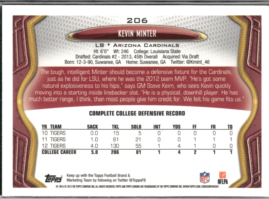 Kevin Minter #206 2013 Topps Chrome Arizona Cardinals RC