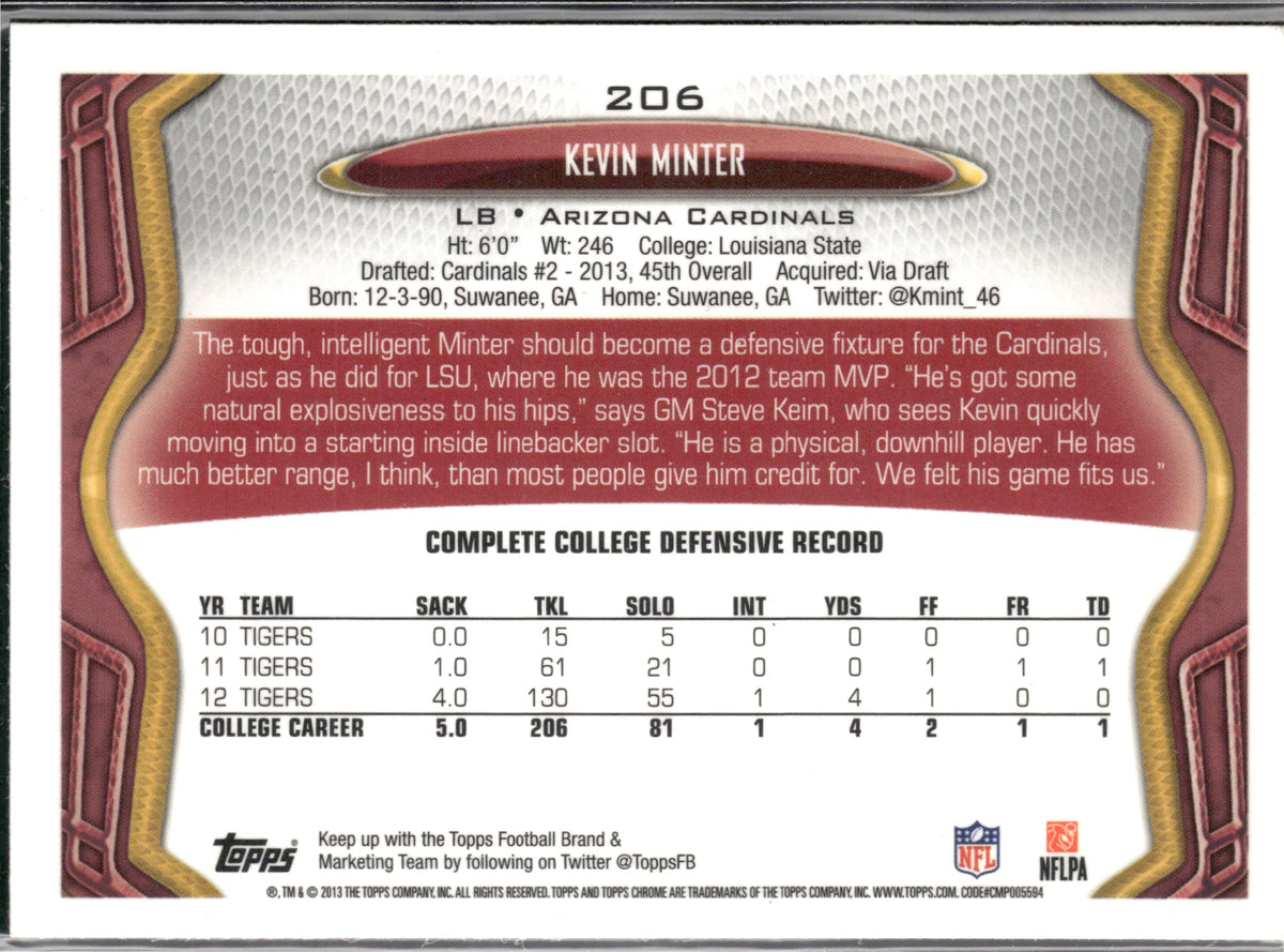 Kevin Minter #206 2013 Topps Chrome Arizona Cardinals RC