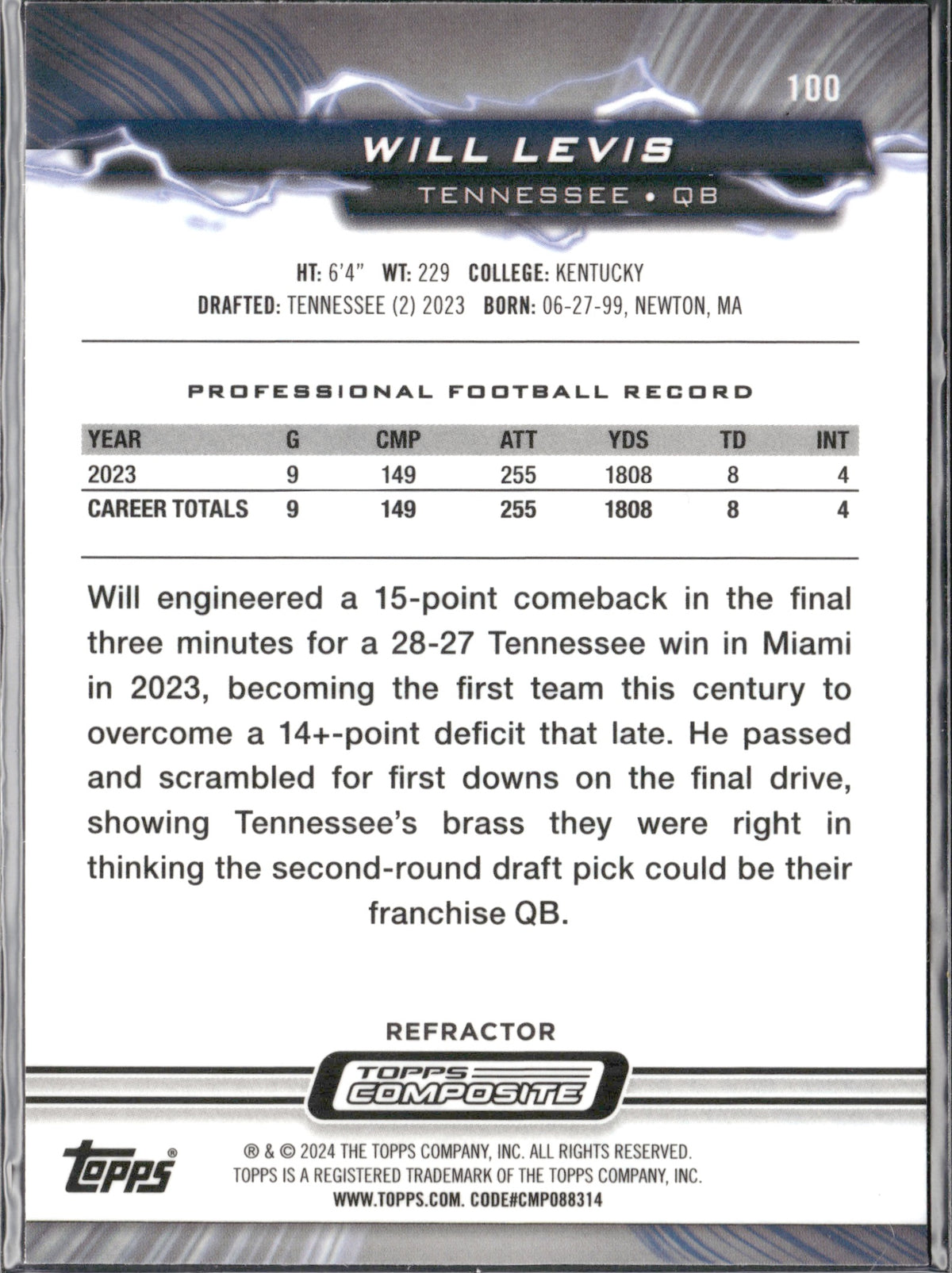 Will Levis #100 Resurgence High Voltage 2023 Topps Composite Titans Rookie