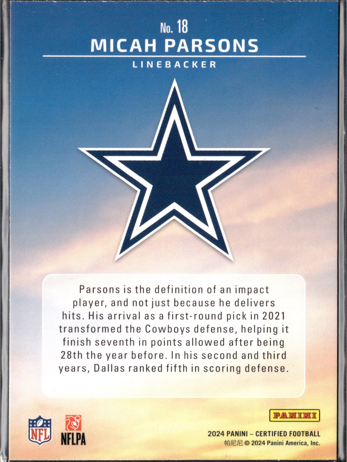 Micah Parsons #18 Franchise Foundations 2024 Panini Certified Dallas Cowboys