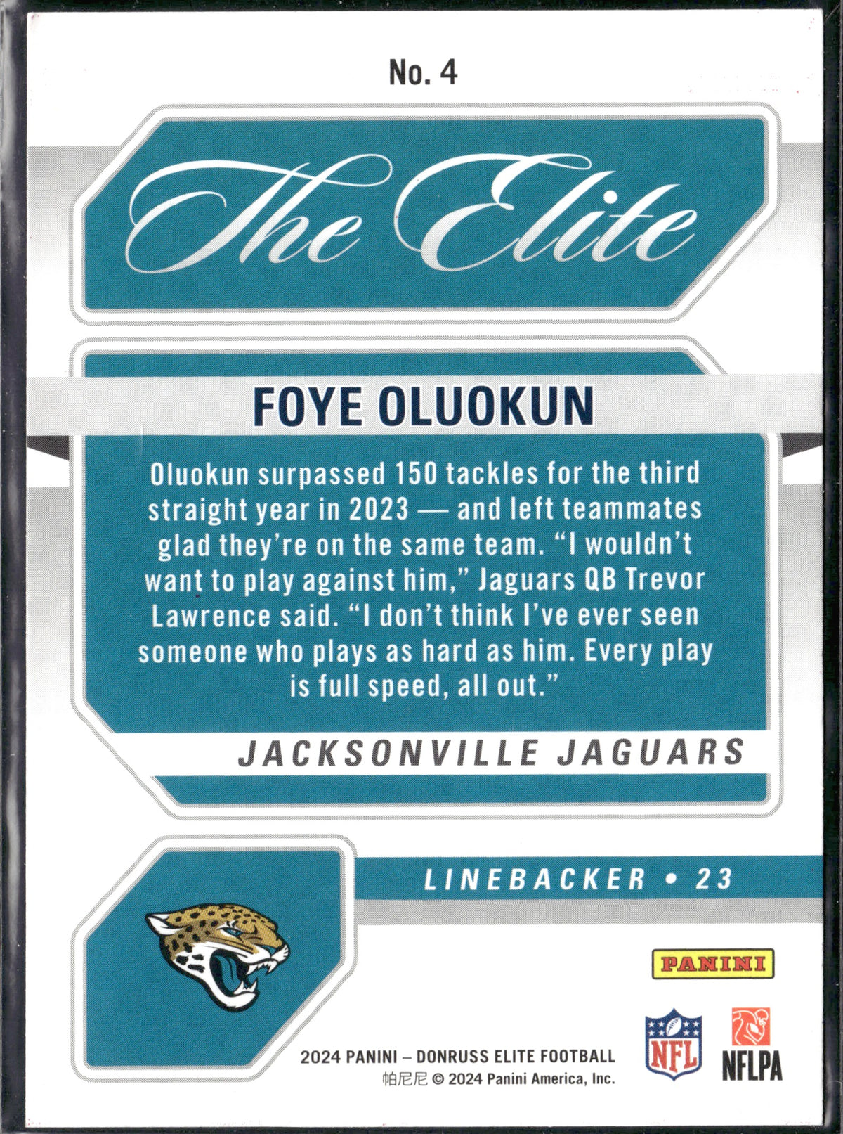 Foye Oluokun #4 The Elite Pink 2024 Donruss Elite Jacksonville Jaguars