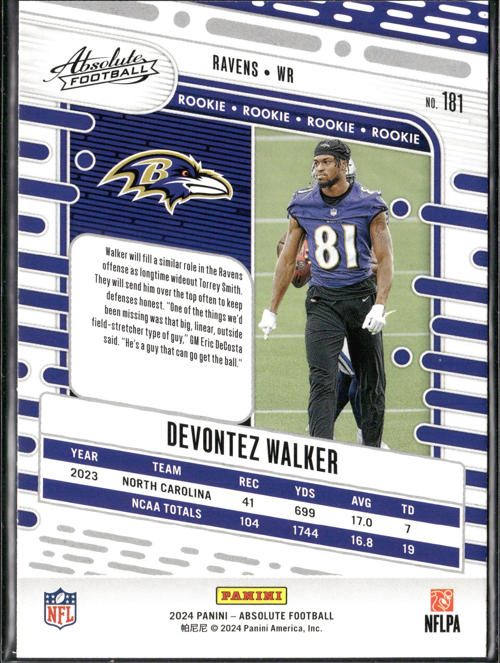 Devontez Walker #181 Red and Blue 2024 Panini Absolute Baltimore Ravens