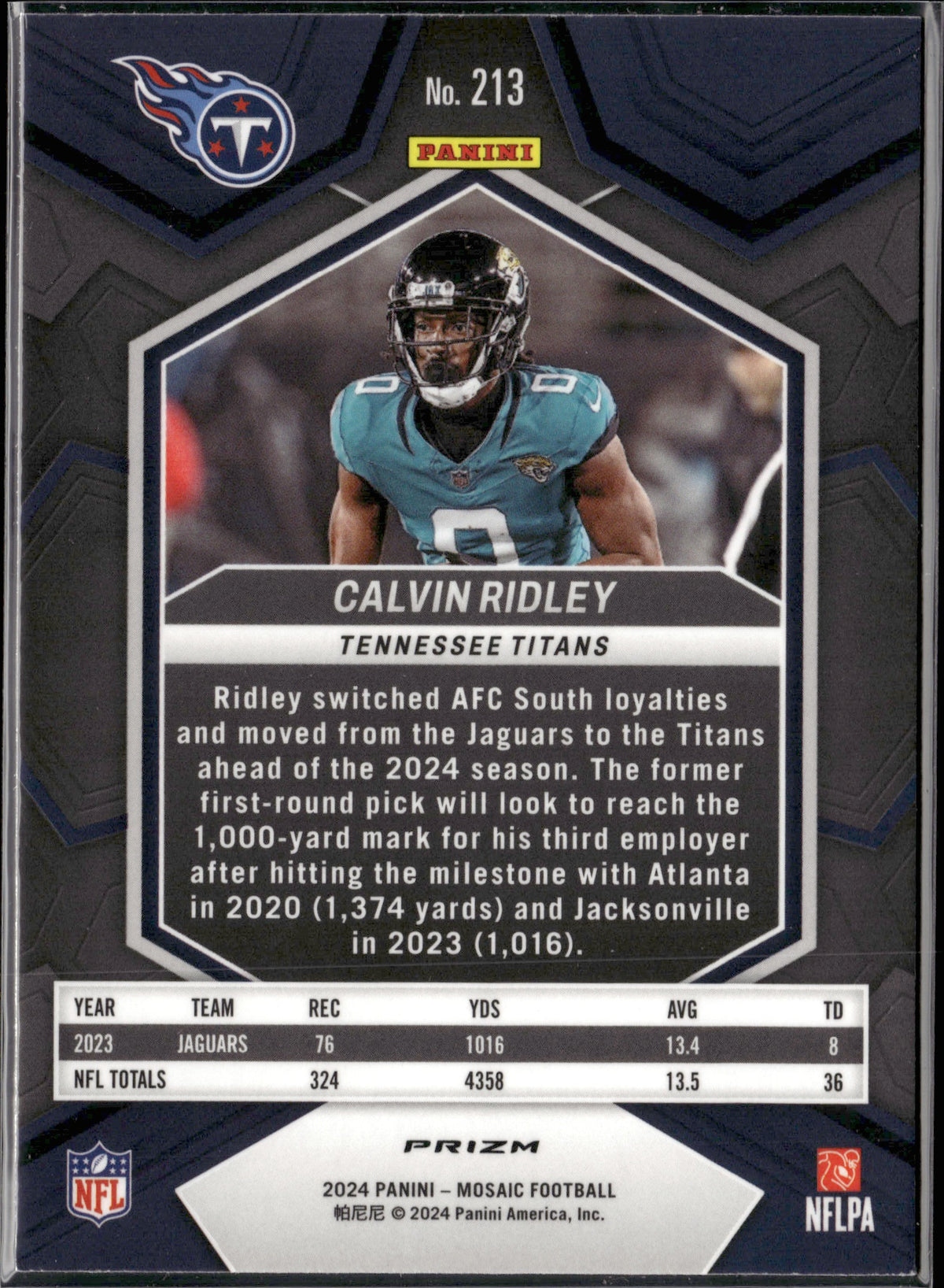 Calvin Ridley #213 Mosaic Camo Pink 2024 Panini Mosaic Tennessee Titans