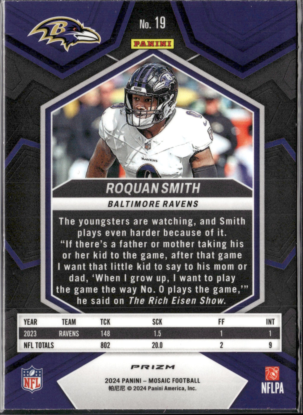 Roquan Smith #19 Mosaic Camo Pink 2024 Panini Mosaic Baltimore Ravens