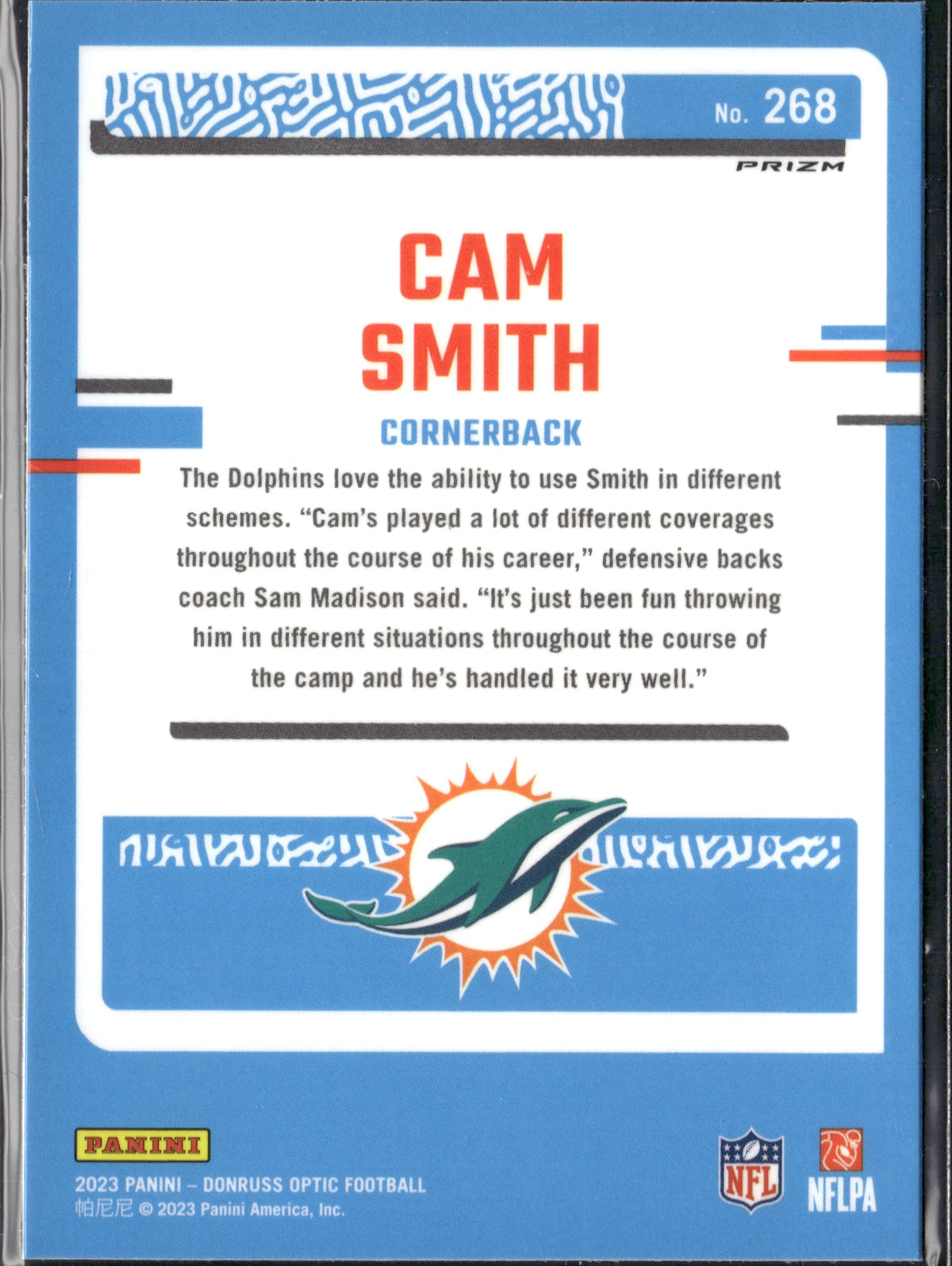 Cam Smith #268 Holo 2023 Donruss Optic Miami Dolphins RC