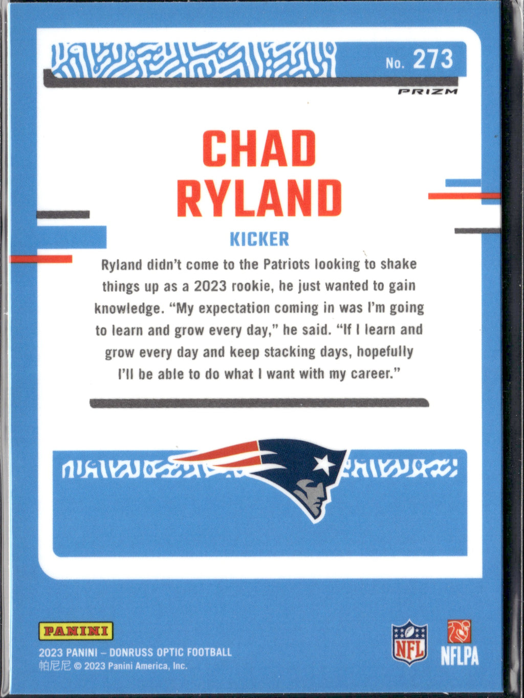 Chad Ryland #273 Blue Hyper 2023 Donruss Optic New England Patriots RC