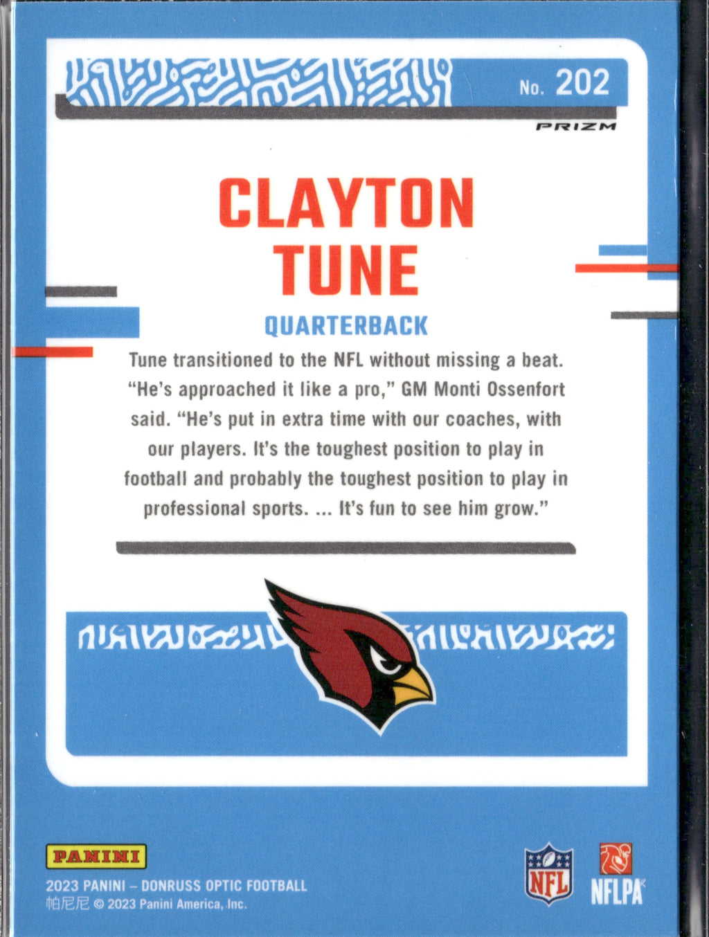 Clayton Tune #202 Blue Hyper 2023 Donruss Optic Arizona Cardinals RC