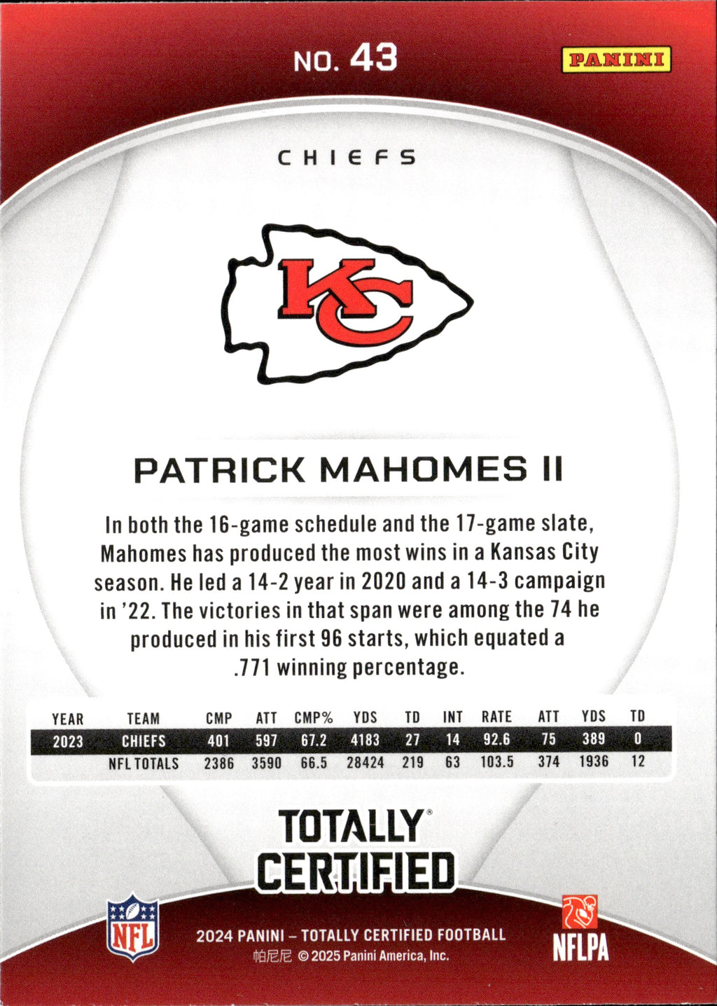 Patrick Mahomes II #43 Mirror 2024 Panini Totally Certified Kansas City Chiefs