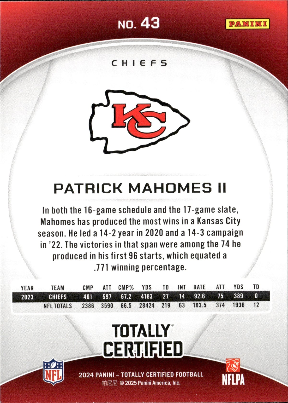 Patrick Mahomes II #43 Mirror 2024 Panini Totally Certified Kansas City Chiefs