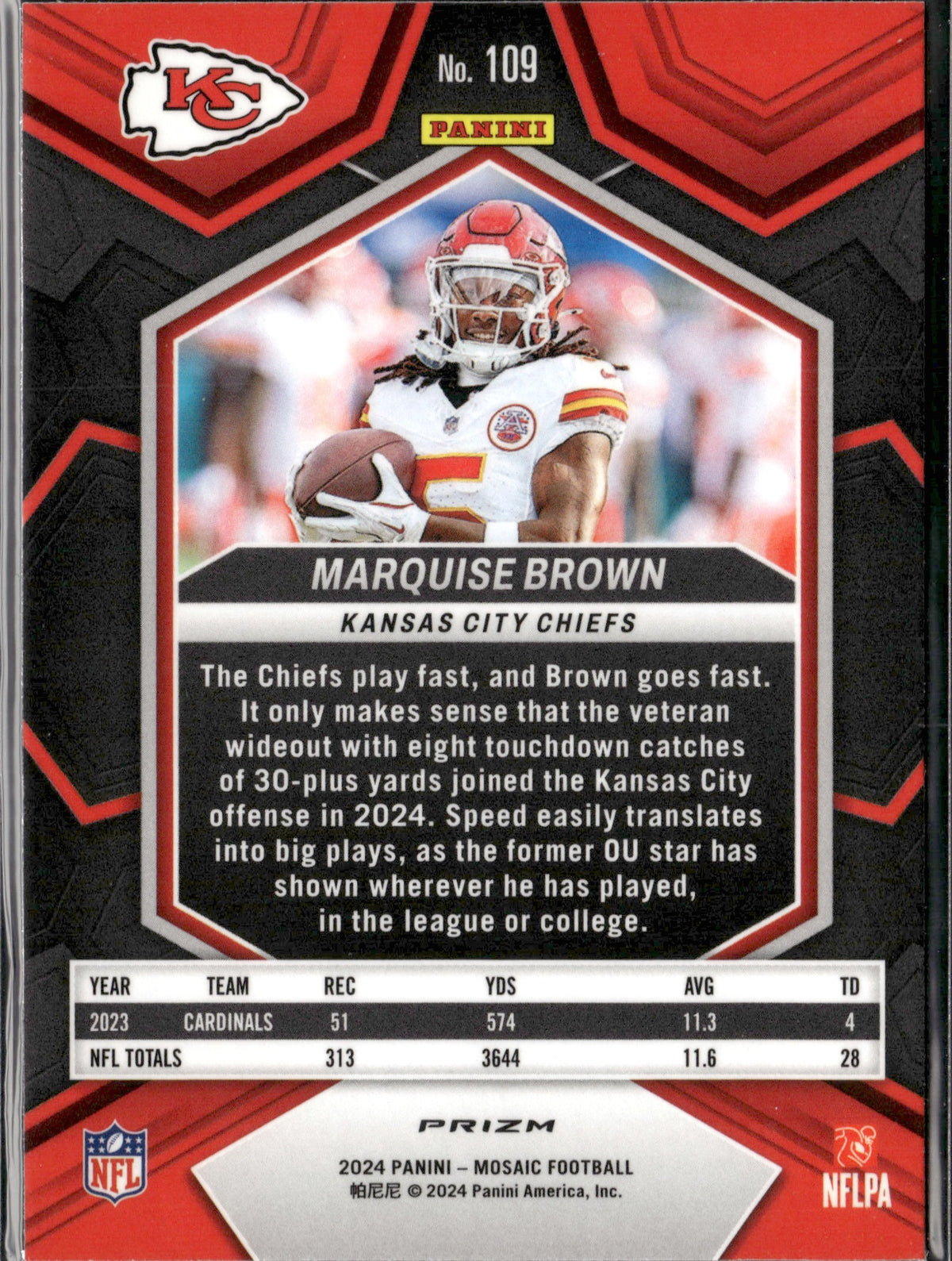 Marquise Brown #109 Mosaic Camo Red 2024 Panini Mosaic Kansas City Chiefs