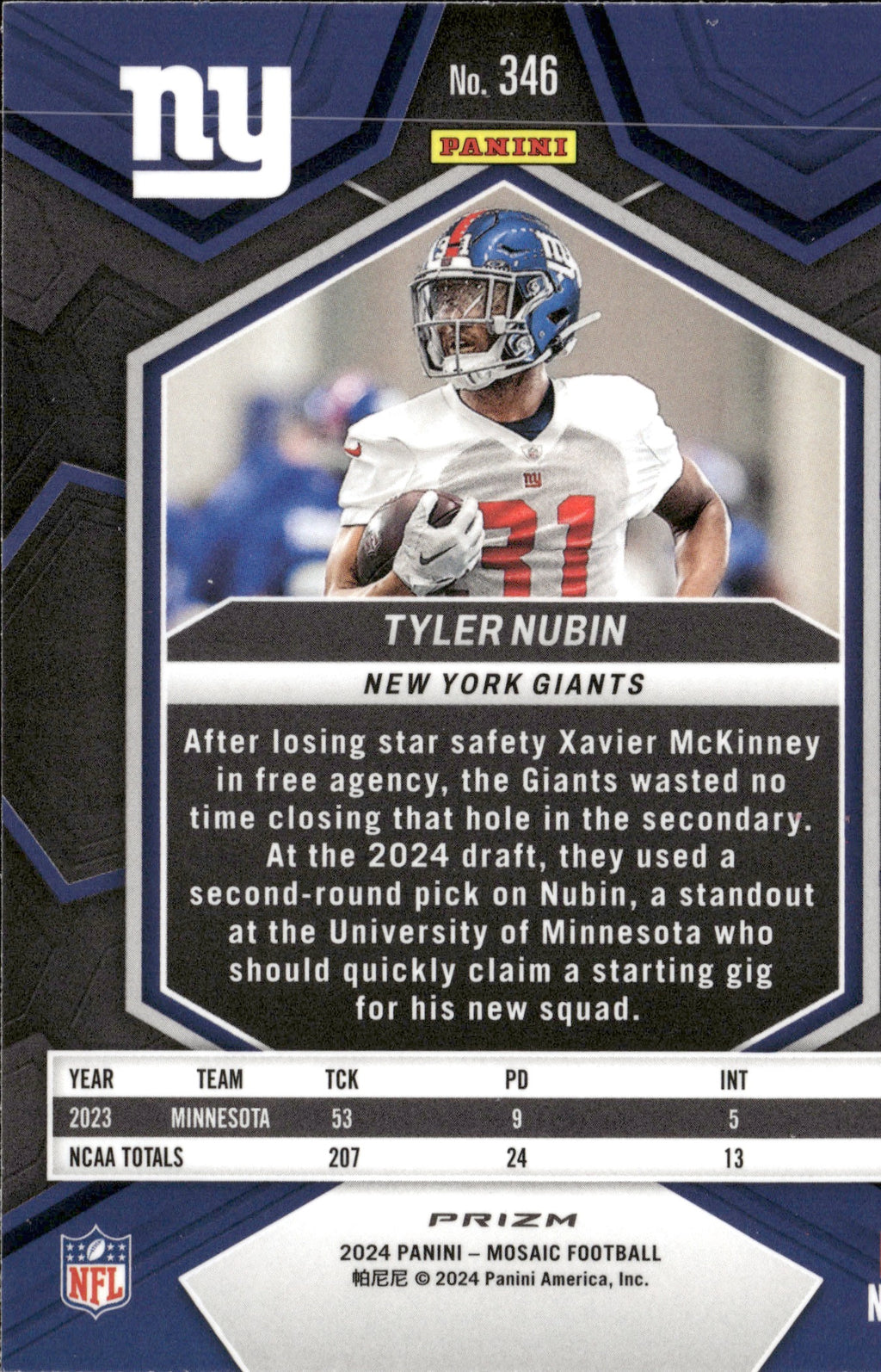 Tyler Nubin #346 Mosaic Camo Pink 2024 Panini Mosaic New York Giants