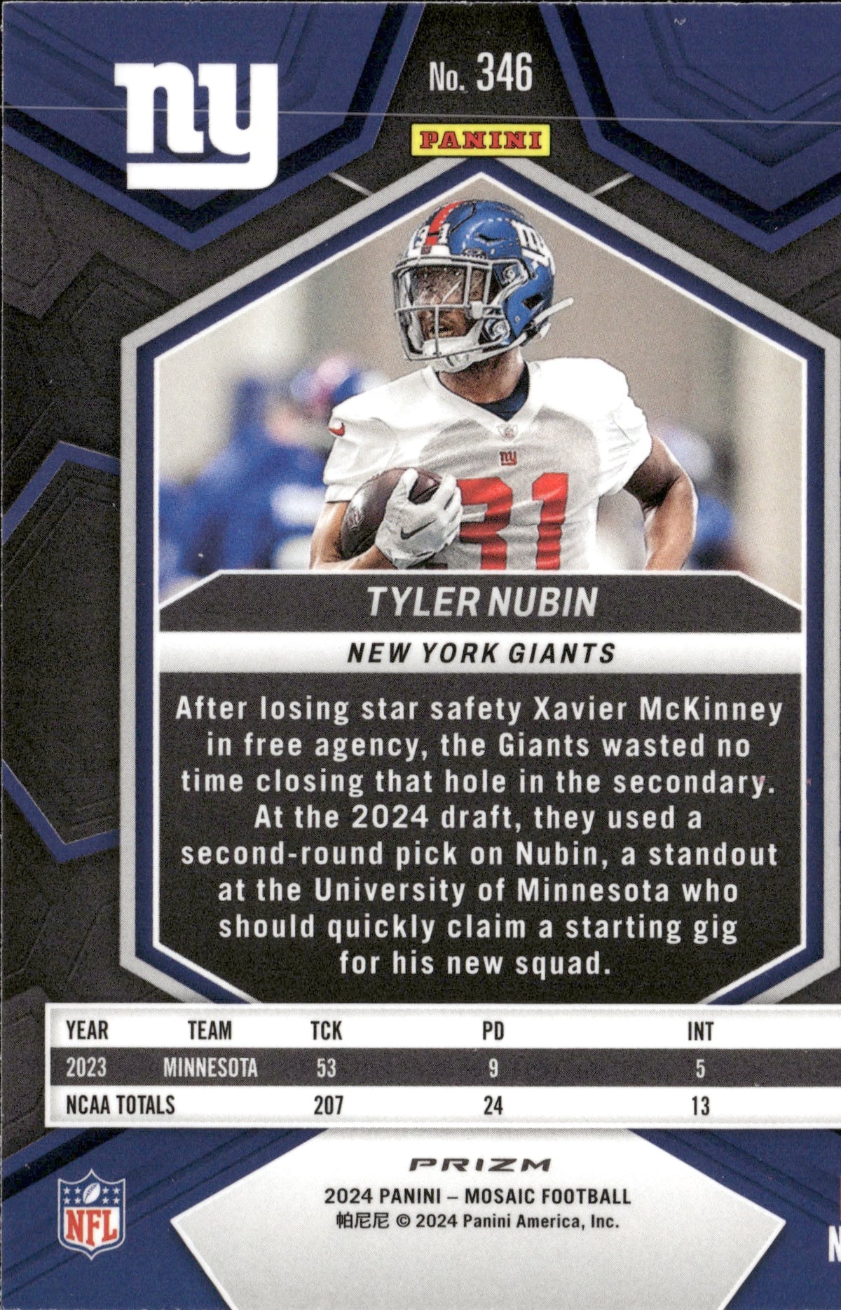 Tyler Nubin #346 Mosaic Camo Pink 2024 Panini Mosaic New York Giants