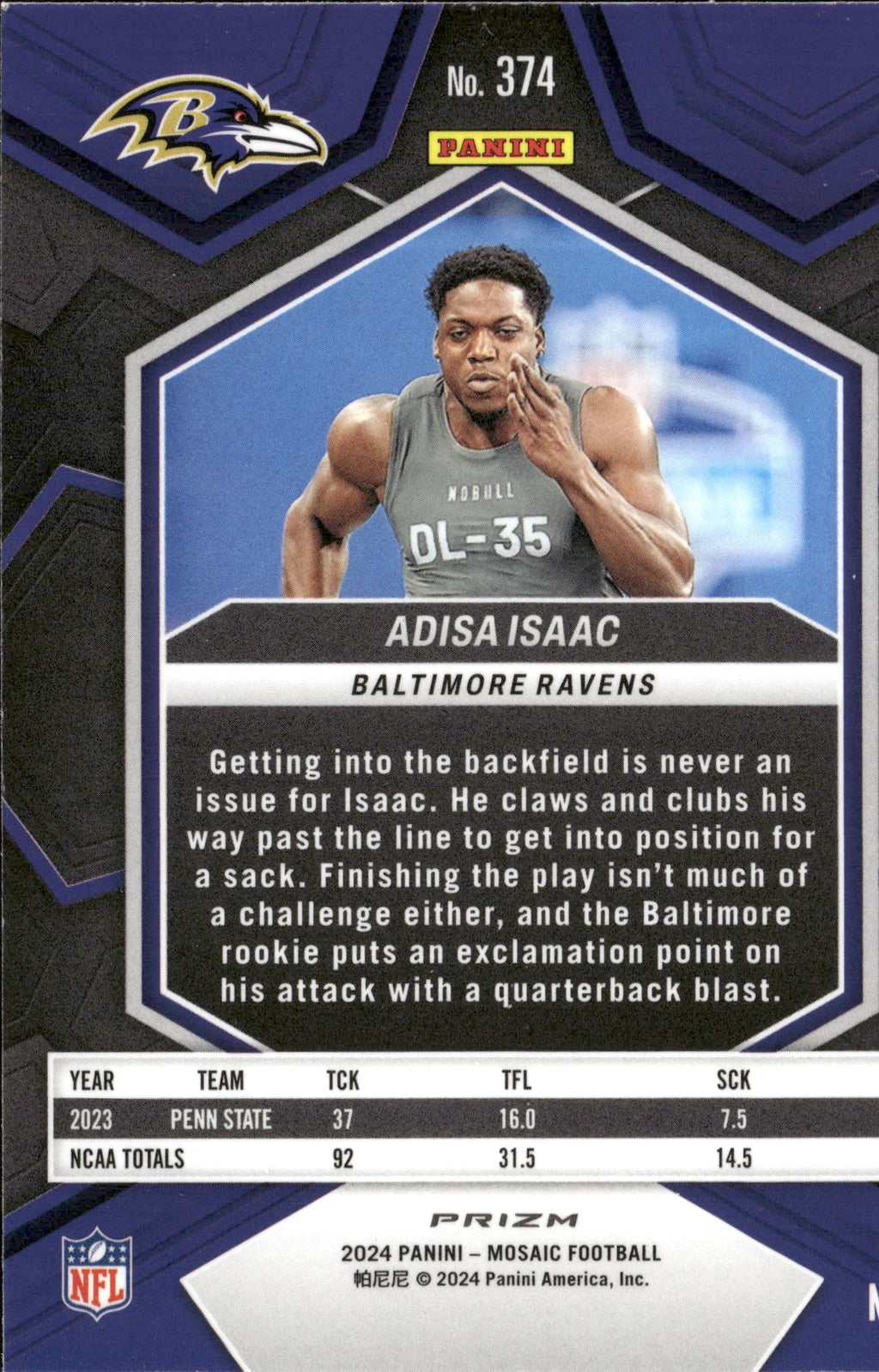Adisa Isaac #374 Mosaic Camo Pink 2024 Panini Mosaic Baltimore Ravens