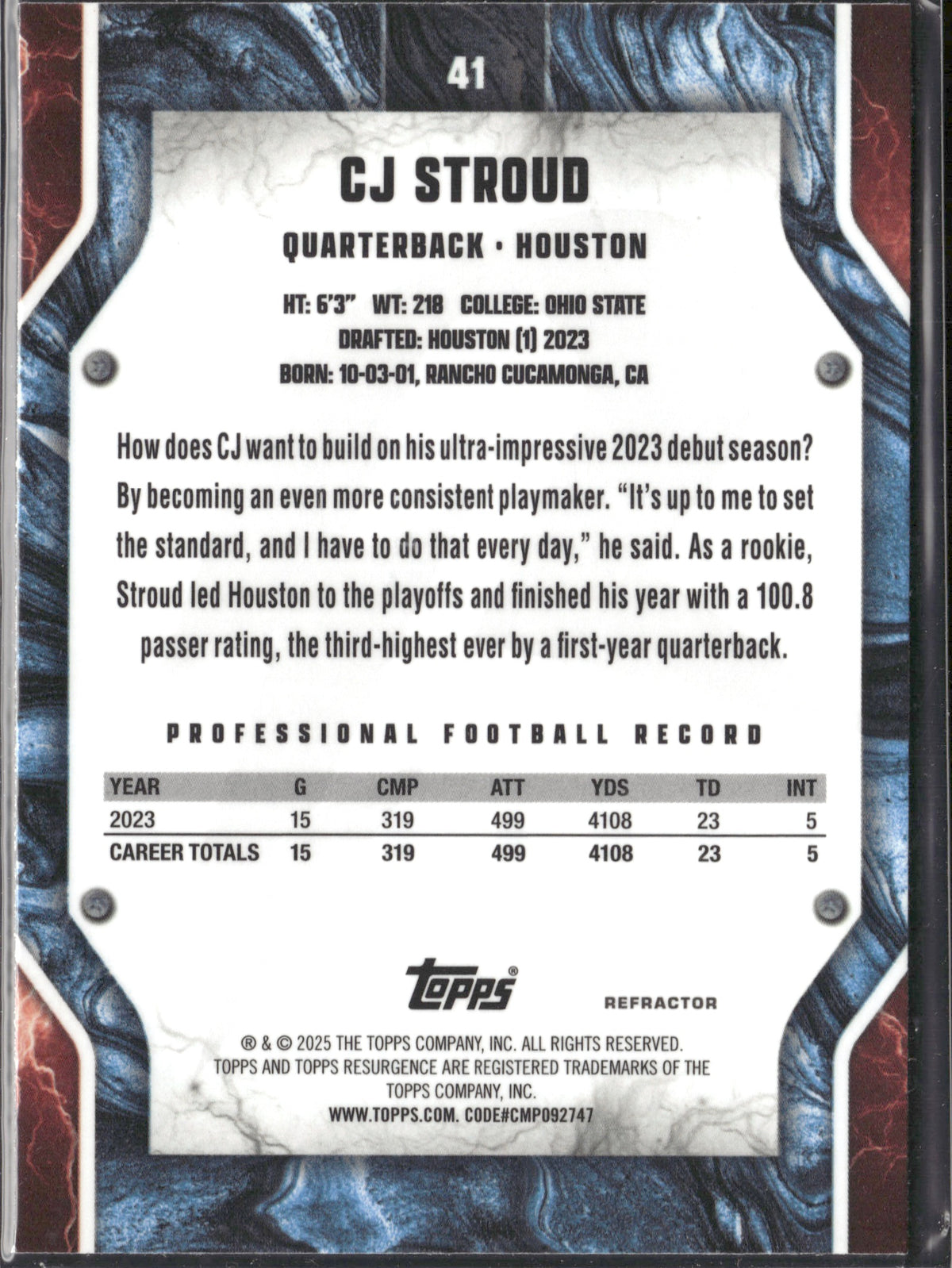 CJ Stroud #41 Refractor 2024 Topps Resurgence Houston Texans
