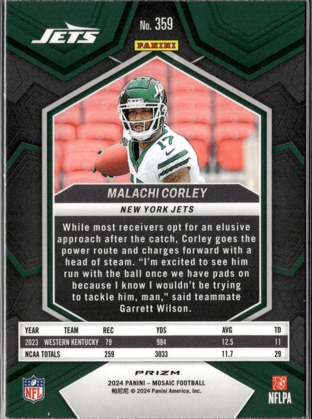 Malachi Corley #359 Mosaic Green 2024 Panini Mosaic New York Jets