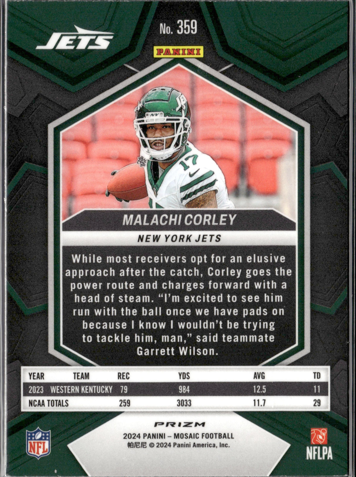 Malachi Corley #359 Mosaic Green 2024 Panini Mosaic New York Jets