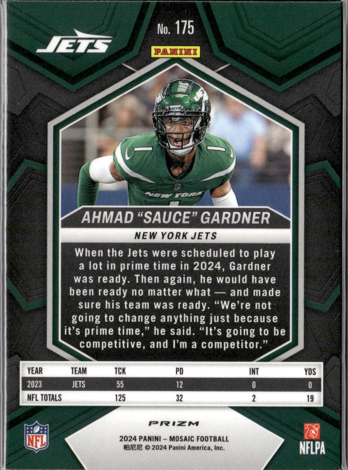 Ahmad "Sauce" Gardner #175 Mosaic Green 2024 Panini Mosaic New York Jets