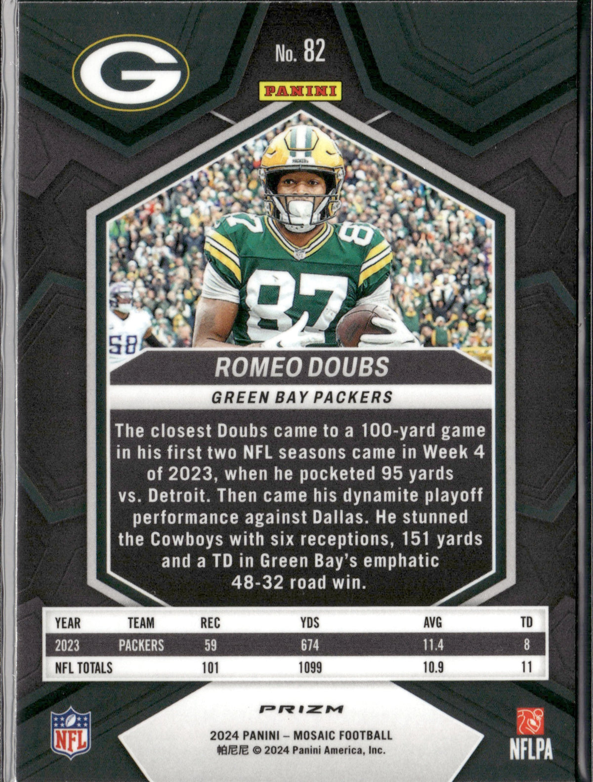 Romeo Doubs #82 Mosaic Green 2024 Panini Mosaic Green Bay Packers